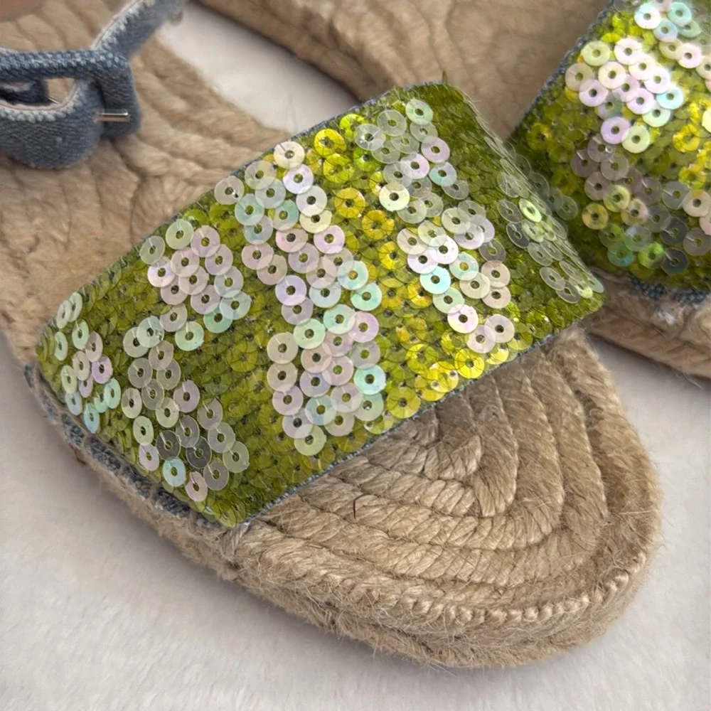 J. Crew | Sequin Ankle Strap Espadrilles Green/Blue Chambray (8) - Picture 3 of 15